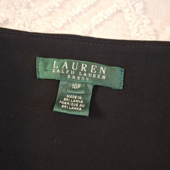 Lauren Ralph Lauren Black Faux Wrap Ruched V-Neck Dress 10P Petite 3/4 Sleeve - Picture 7 of 10